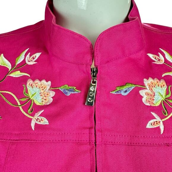 Quacker Factory Jacket Floral Butterfly Embroidered Full Zip Hot Pink Size Large - Picture 3 of 10